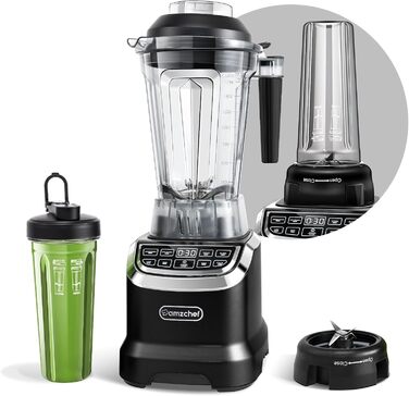 AMZCHEF Mixer Smoothie Maker - 2000W Blender - High-Performance Mixer with LED Timer - 6 Professional 3D Blades - 22000 RPM Stand Mixer - 1.85 Liter Bottle and 600ml Portable Bottle 2000W Black