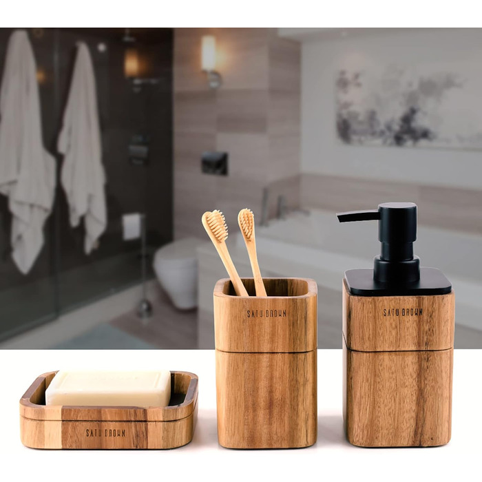 Набір аксесуарів для ванної кімнати LunaLife, 3 шт: дозатор для мила, стаканчик, мильниця, акція для декору, подарунок на новосілля, акція, акриловий пластик, дерево
