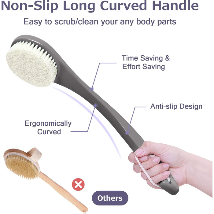 Масажна щітка для спини, щітка для душу, скрубер для тіла з довгим руків'ям для пілінгу та масажу, покращує кровообіг (Чорний PE)