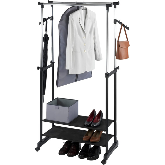 WENKO Clothes Rack Folding, Clothes Storage with Adjustable Clothes Rail and Wheels, Plastic/Metal, 88 x 100-168 x 11-49 cm, Chrome/Grey (169 x 43 x 89.5 cm)