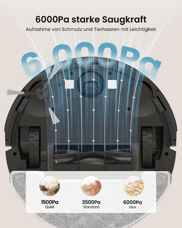 Робот-пилосос Vexilar з функцією миття підлоги, 8000Pa, LiDAR-навігація, 150 хв роботи, 15 зон заборони, керування через додаток, для тварин та килимів (W11)