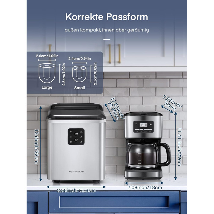 NORTHCLAN Stainless Steel Ice Maker - 14kg Capacity, 2 Sizes, Self-Cleaning, Fast Ice Production, LED Display, 2L Tank, Includes Scoop & Basket