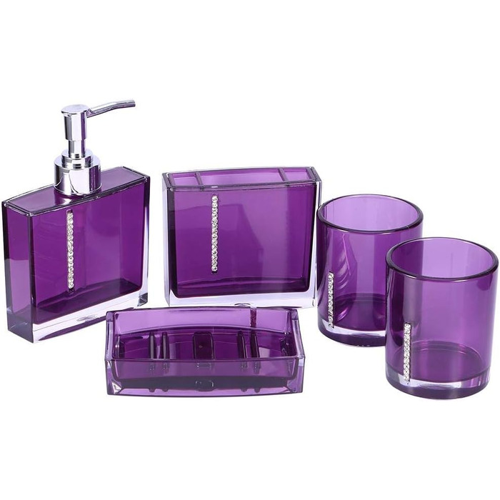 5-Piece Bathroom Accessory Set includes emulsion bottle, toothbrush holder, 2 rinsing cups, soap dish, plastic gift bath set, white (purple)