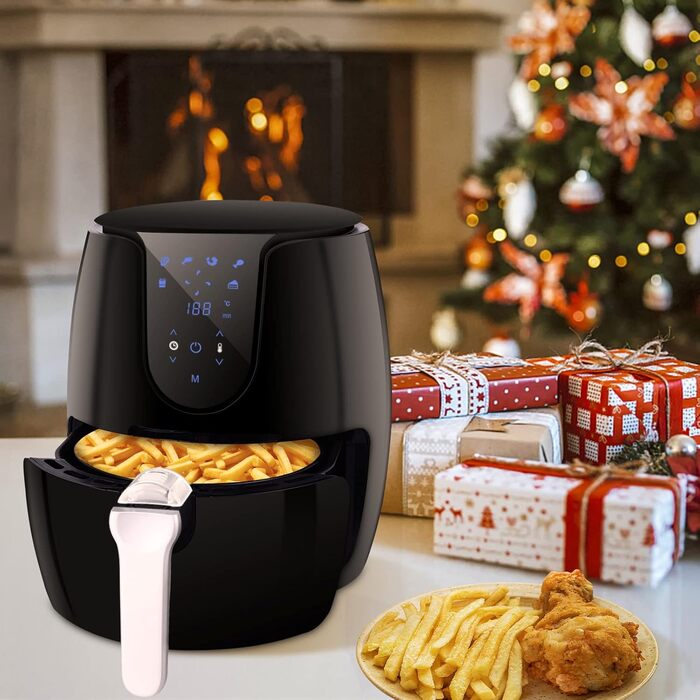Фритюрниця без олії з 6 програмами приготування, LED-дисплей, книга рецептів, 1500W, чорна