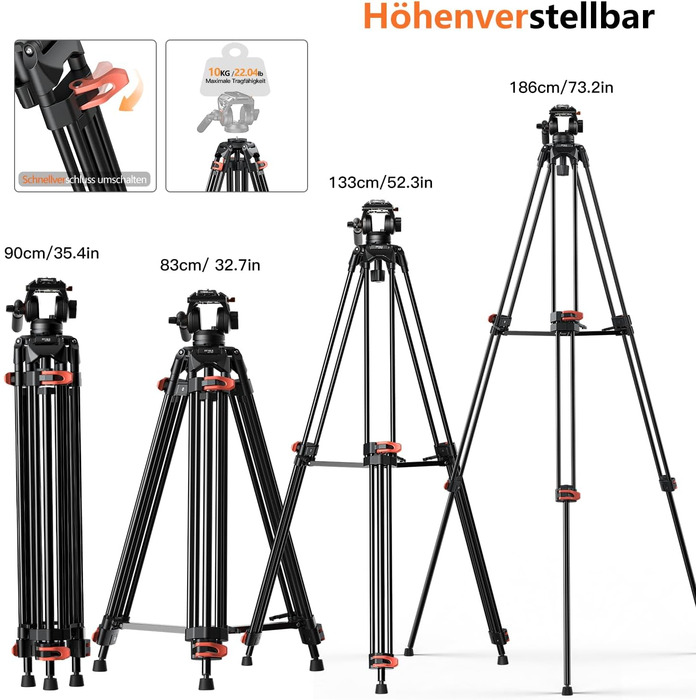 Штатив для камери COMAN 186см з алюмінію, 360° обертання та +/-90° нахил, відео штатив, максимальне навантаження 10кг