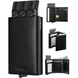 Чоловіче шкіряне картхолдер VULKIT з RFID-захистом, поп-ап, з відділом для грошей та віконцем для ID, чорний