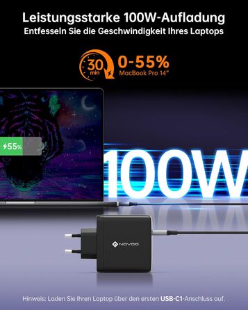 Зарядний пристрій USB-C 67W NOVOO GaN III 3-порти, швидка зарядка для MacBook, iPad, Pixel, Samsung, iPhone, Steam Deck (Чорний)