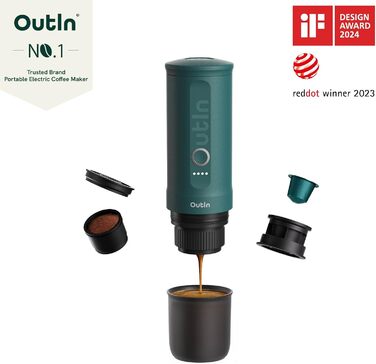 Outin Nano Portable Electric Espresso Machine, Camping Coffee Maker, Self-Heating with USB-C, Compatible with Ground Coffee & Nespresso Capsules Blue-Green