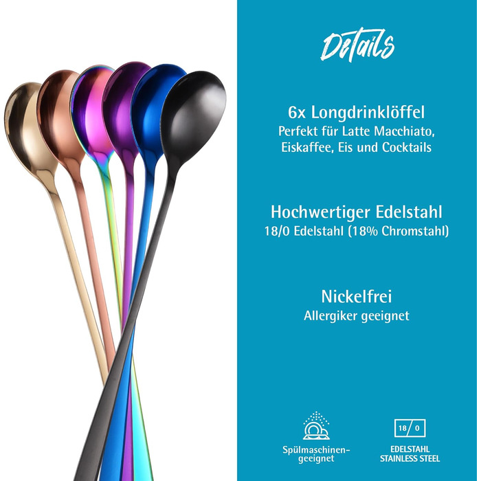 Ложка для Еспресо та Латте Макіато Gräwe з нержавіючої сталі, довга, для кави, десертів та айс-ті, придатна для миття в посудомийній машині, кольори (різнокольорові)