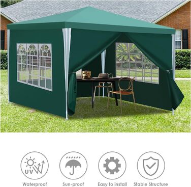 Garden Pavilion - Garden Gazebo with 6 Side Walls and Windows, Stable, UV Protection, Waterproof, Party Pavilion, Folding Garden Tent, Party Tent, for Outdoors, Garden, Party, Wedding (3x3m, Green)
