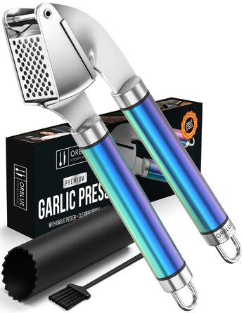 Пресс для часнику ORBLUE з нержавіючої сталі – преміум якість, з силіконовим очищувачем та щіткою, міцний та придатний для миття в посудомийній машині