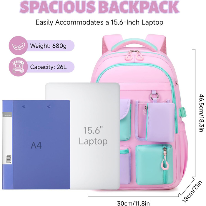 Рюкзак для дівчинки Tanou, великий шкільний рюкзак для підлітків, з тканини Оксфорд, з кількома відділеннями (рожево-зелений)