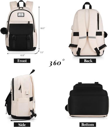 Стильний рюкзак MOMUVO для підлітків та жінок, для ноутбука | Коледжний рюкзак для школярок та студенток 15.6' (17.3 дюйми, Чорний / Бежевий)