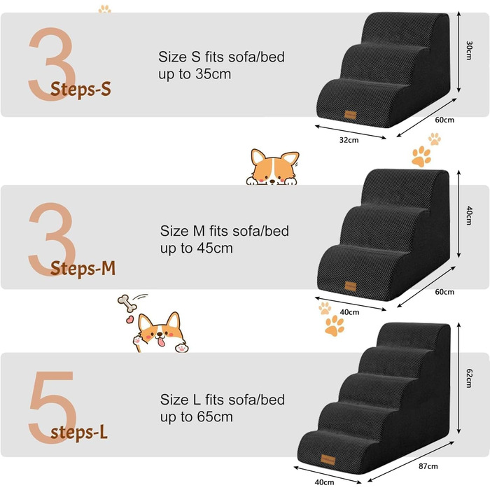 Trhillsbrad Breiter Hundetreppe 5 Stufen for Small Dogs, High-Density Foam Pet Stairs, Washable Cover and Non-Slip Bottom (Wide Dog Stairs 5 Steps Black)