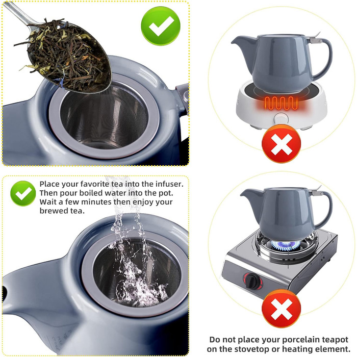 VIVILINEN Porcelain Teapot, Ceramic, Handmade, 18/8 Stainless Steel Strainer, Fine Mesh Stainless Steel Infuser with Filter (Gray)