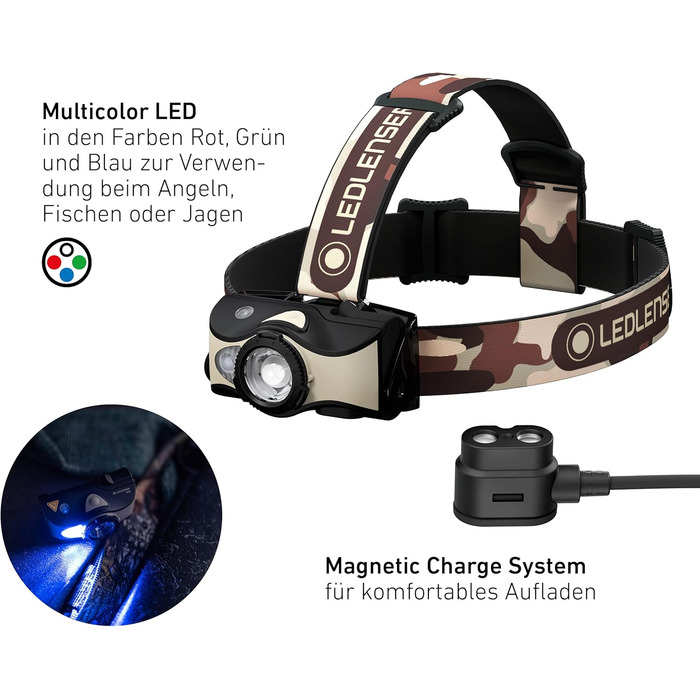Налобний ліхтар Ledlenser MH8 600 лм, акумуляторний, LED, чорний, фокусування, до 60 годин роботи, червоне/зелене/синє світло, можливість живлення 2xAA, для полювання та риболовлі