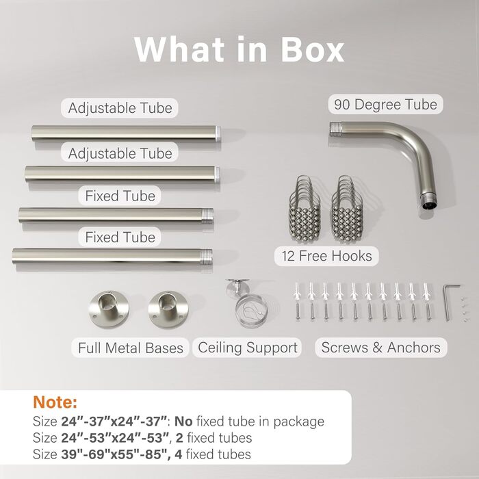 Кутова штанга для душової кабіни L-подібної форми, регульована, з 12 гачками та підставкою для стелі, срібна (99,1 см – 215,3 см)