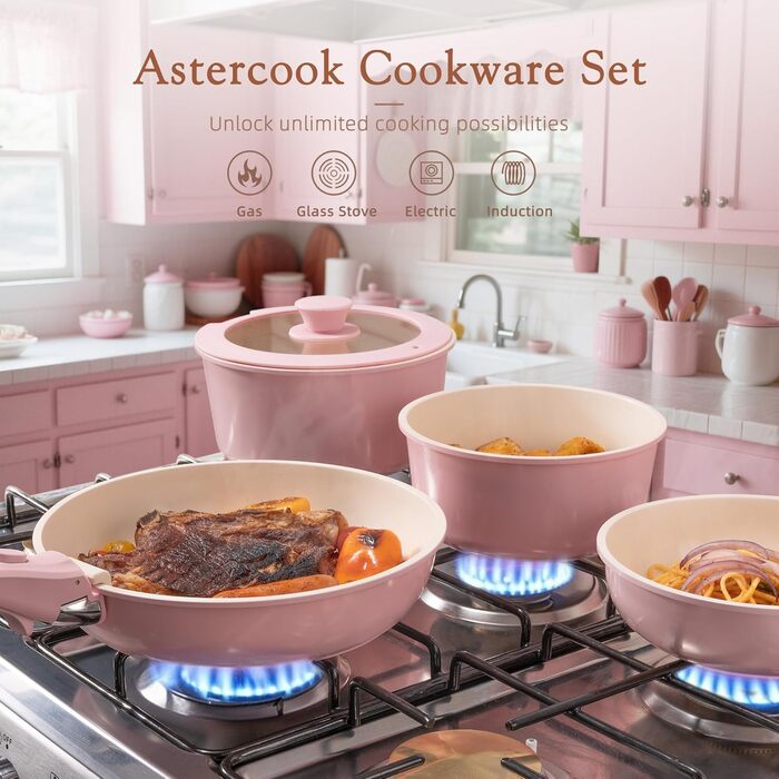 Набір посуду Astercook 21 предмет: каструлі та сковорідки з антипригарним покриттям, керамічний набір посуду, знімні ручки, для дому та кемпінгу, сумісний з індукцією, можна мити в духовці, стійкий, компактний