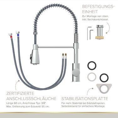 Кухонний змішувач Lenz KALANI² в стилі - з регульованою насадкою для посуду – проста установка та високоякісна обробка, 46070322 (Високий тиск, Хром)