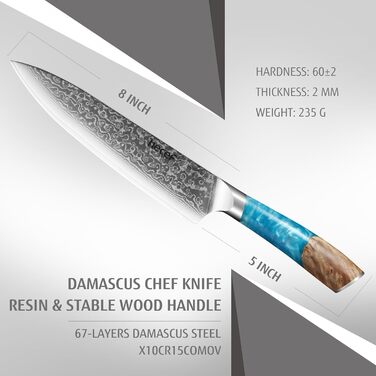 Японський ніж Hecef Damast 20 см з ручкою з харчової смоли: професійний кухонний ніж з дамаської сталі 67 шарів, з захистом для леза, подарунок для шеф-кухаря