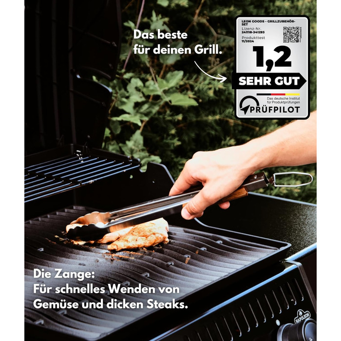 Набір гриль-посуду LEÓN Goods®: щипці, лопатка, виделка, щітка для гриля (4 шт.) з нержавіючої сталі та акації, для газових грилів. Ідеальний подарунок для гриля!