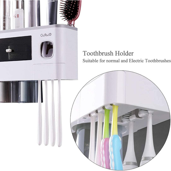 Automatic Toothpaste Dispenser Wall-Mounted with Space-Saving Toothbrush Holder for Bathroom, 2 Transparent Magnetic Cups, 6 Toothbrush Slots, 1 Cosmetic Organizer Drawer (Gray-4 Cups)