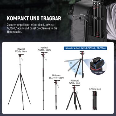 Штатив-монопод NEEWER BASICS TP08 для DSLR та відеокамер, компактний легкий штатив для подорожей з 360° кульковою головкою, Arca-типом швидкої зміни та реверсивною центральною колоною, навантаження до 6 кг