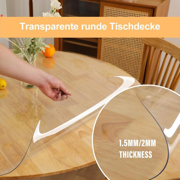 TIEHAN Round PVC Tablecloths, 1.5 mm thick, 110 cm diameter transparent round table cover, waterproof plastic placemats desk pads table protectors