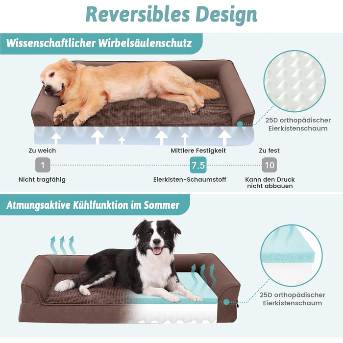 Ортопедичне ліжко для собак маленьких порід, водонепроникне диван-ліжко з бортиками, з підтримуючою піною, зручне ліжко для домашніх тварин з знімним, пральним чохлом, водонепроникний наповнювач, антиковзаюче покриття (107 x 76 x 19 см, Колір: Коричневий)
