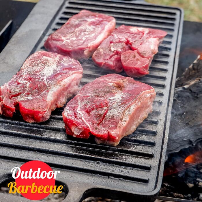 Чавунна двостороння гриль-плита OVERMONT з ручками 43,2×24,9 см для BBQ, духовки, газового та вугільного гриля
