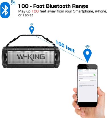 W-KING Портативна Bluetooth Колонка 90W з Глибоким Басом, 40 годин роботи, IPX6 Водостійкість, Powerbank, TF-карта, NFC, AUX, BT 5.0, EQ, для Outdoor, Зелений (Чорно-Білий)