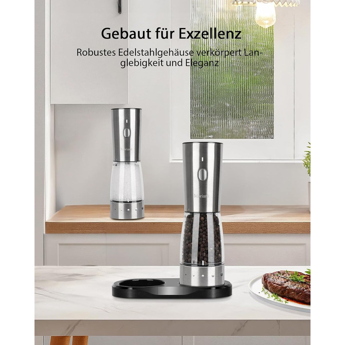 Electric Salt and Pepper Grinder Set of 2, USB Rechargeable Stainless Steel Electric Pepper Grinder with Adjustable Coarseness, Large Capacity, Elegant Storage Base