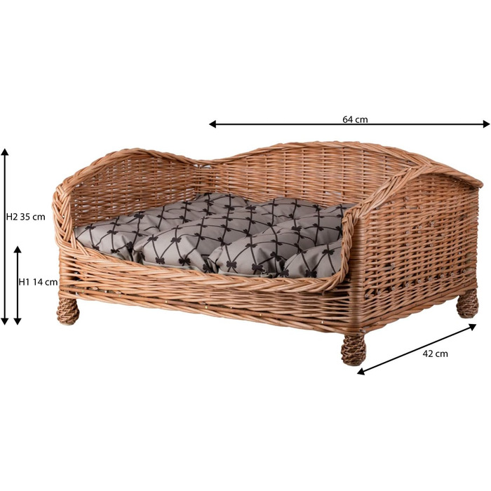 Корзина для собаки/кішки з плетіння лози з м'яким лежаком - лежак-ліжко для тварин (64x42x35 см, Бежевий)