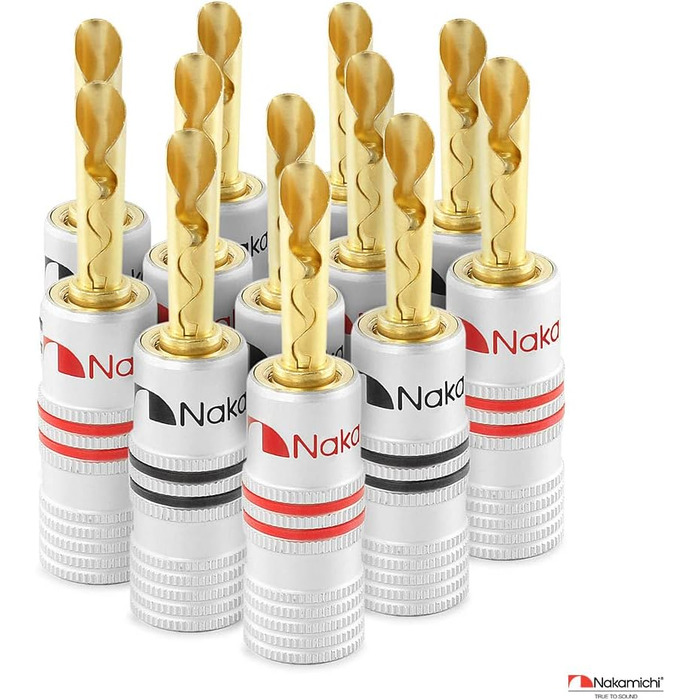 Позолочені бананові роз'єми Nakamichi 24K для акустичних кабелів 12-18 AWG, 4 мм, для підсилювачів, Hi-Fi ресиверів та домашніх кінотеатрів, 4 шт (2 пари)