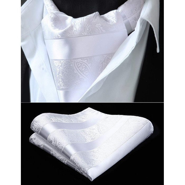 HISDERN Шовковий краватко-шарф чоловічий Paisley для весілля, Ascot, краватка-хустинка, білий, універсальний розмір. Комплект з кишеньковим хустинкою для бізнесу.