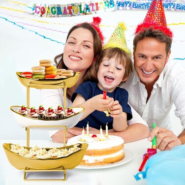 Керамічна фруктова ваза на стільницю, 3-ярусна, з металевим каркасом, золота