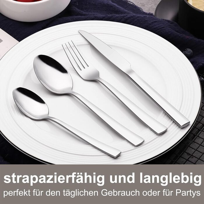 12-Piece Cutlery Set, 60-Piece Stainless Steel Cutlery Set, Eating Utensil Set with Knife, Fork, and Spoon, Stainless Steel Cutlery for Family/Party/Restaurant, High-Gloss Polished & Dishwasher Safe