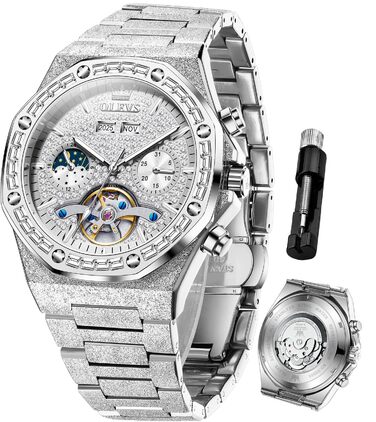 Чоловічий наручний годинник OLEVS G9805 аналоговий, сталевий браслет, білий циферблат, водонепроникний, з календарем та підсвіткою