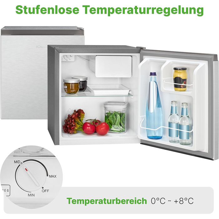Міні-холодильник Bomann 45L з морозильною камерою, тиха кухонна/офісна/кампінгова/геймерська кухонна коробка, дверцята з можливістю зміни розташування - міні-холодильник, холодильник для напоїв, мінібар KB 7245 inox срібний