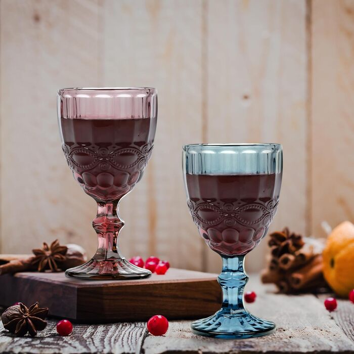 Joeyan Blau Vintage Wine Glasses with Embossed Design, Colored Relief Red Wine Glasses White Wine Glasses, Drinking Glasses, Goblet Glasses, Wine Goblet for Wine Juice Drinks, 300 ml, Set of 4, Dishwasher Safe