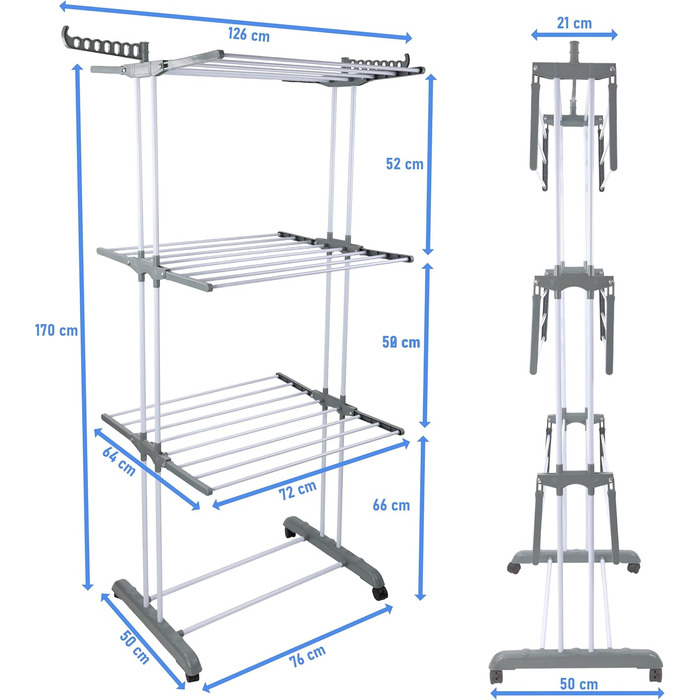 Сушарка для білизни H&F Turmwäscheständer 4-ярусна на колесах з гальмами, 170 см, до 40 кг