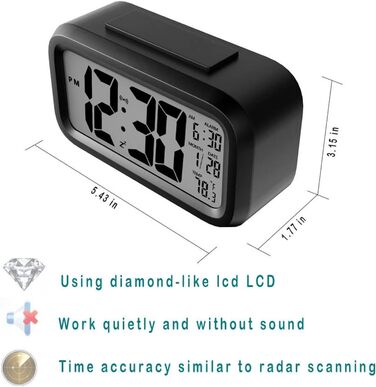 Цифровий будильник з LED-дисплеєм, температурою та великим LCD-екраном (чорний)