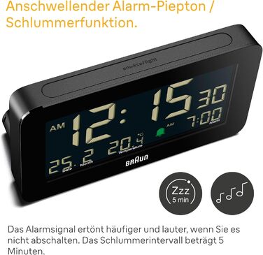 Braun Digital Alarm Clock with Date, Month, and Temperature Display, Negative LCD Display, Quick Set Function, and Gradual Alarm Sound in Black, Model BC10B.