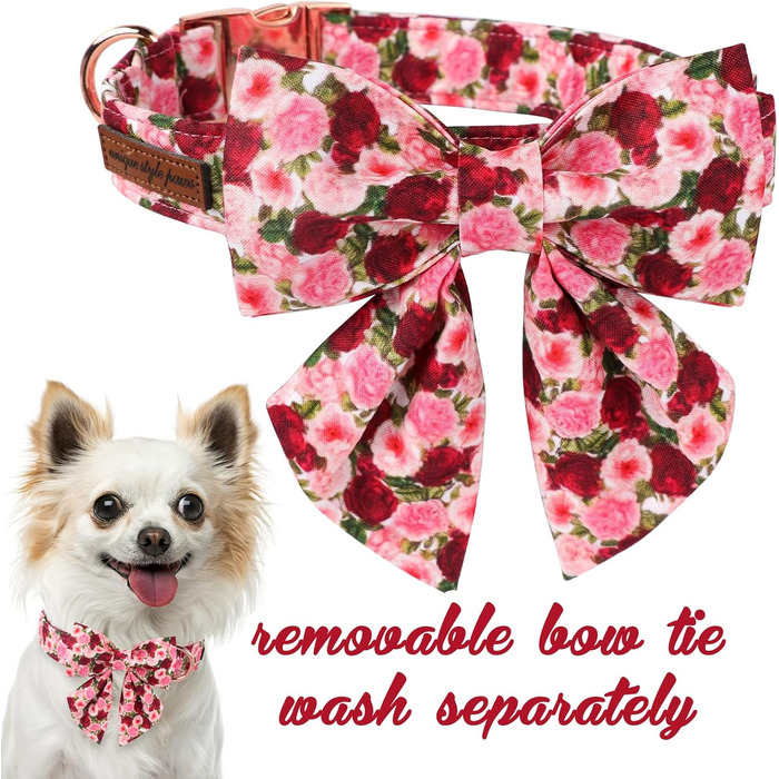Гарний ошатний нашийник для собак Unique Style Paws, рожевий, з квітковим принтом (Pfingstrose), регульований, бавовна, для хлопчиків та дівчаток, з металевою застібкою, розмір M, обхват шиї 34-56 см