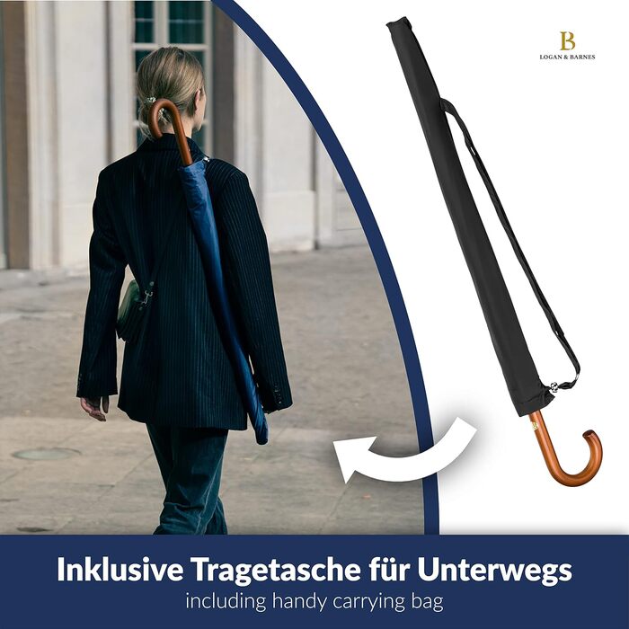 Edinburgh Windproof Umbrella - Large 16-Rib Black Umbrella with Wooden Handle & Silent Tip - LOGAN & BARNES