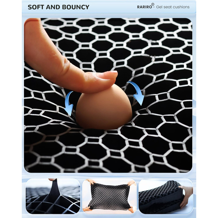 Гелеве сидіння для офісного крісла: ергономічна подушка з подвійною структурою та стільниковою поверхнею для тривалого сидіння, підтримки попереку та полегшення болю при ішіасі. Підходить для авто, каяку, інвалідного візка. Чорний колір.