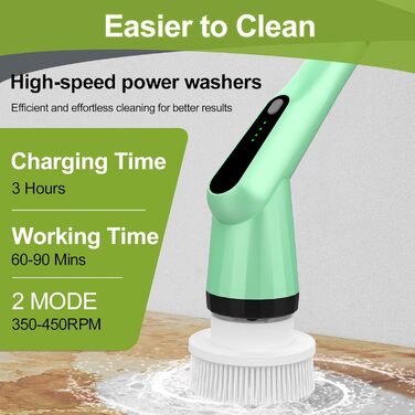 Електрична щітка для прибирання з 7 насадок, водонепроникна IPX7, регульована ручка, для ванної, кухні, підлоги, авто (білий/зелений)