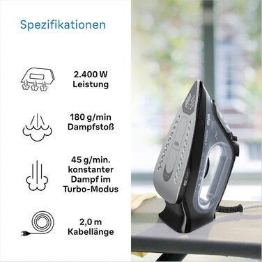 Праска з парою Braun FreeStyle 3 FI3124 PU, 2400 Вт, чорний/фіолетовий, технологія FreeGlide 3D, підошва SuperCeramic, Ultimate FastClean, автовимкнення, вертикальне прасування