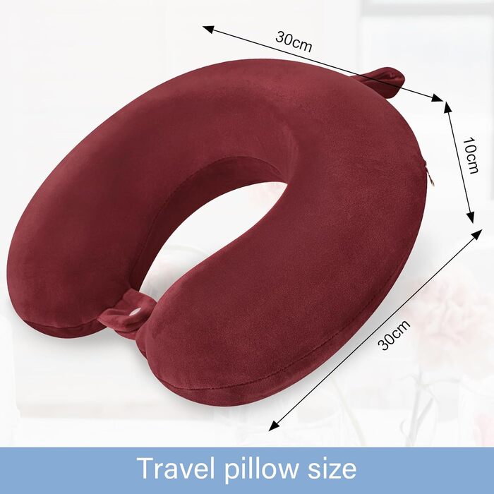 Подушка для шиї з Memory Foam, зручна для подорожей, U-подібна форма, підтримка шиї та голови, зменшує втому, портативна, для літаків, поїздів, авто (темно-червоний)