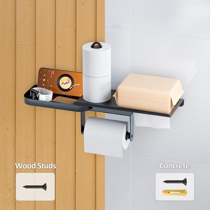 Настінний тримач для туалетного паперу з полицею, багатофункціональний, обертовий, з нержавіючої сталі, чорний мат. Підходить для ванної кімнати, кухні та пральні.